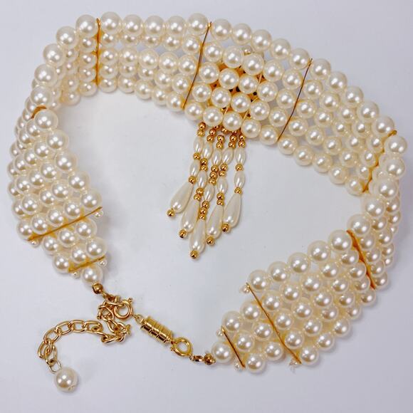 Victorian Revival Faux Pearl Cameo Statement Choker Multi Strand Necklace VTG - Picture 9 of 11